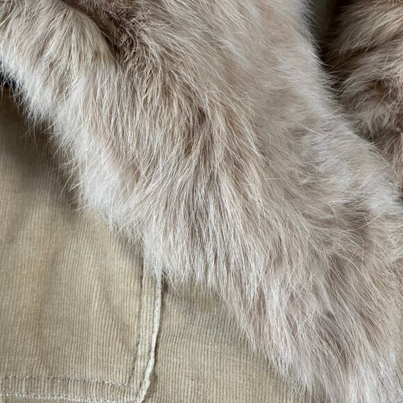 Vintage Y2K 90s Twenty Twenty Corduroy Real Rabbit Fur Beige Button Up Jacket L - Picture 2 of 7